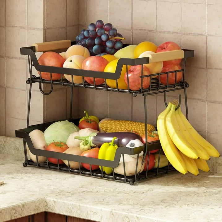 WERSEON 2 Tier Fruit Basket with Hooks for Kitchen Countertop, Detachable Metal Fruit Vegetable Storage Basket Stand Holder with Wooden Handle