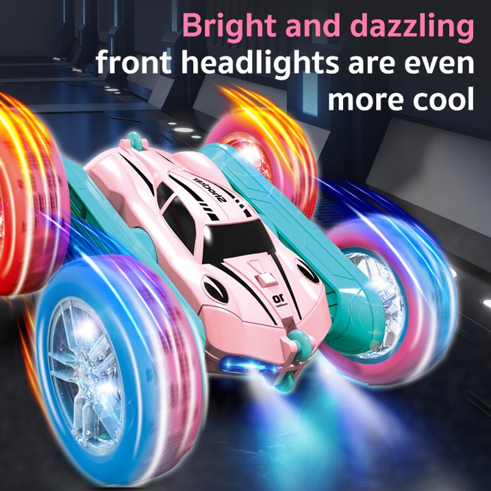 HNH RC Stunt Car for Boys Girls Ages 6-12, 2.4GHz Pink Remote Control Car, 4WD RC Cars Toys with Lights, Double-Sided Driving & 360°Flips, 2 Batteries, Presents Gifts