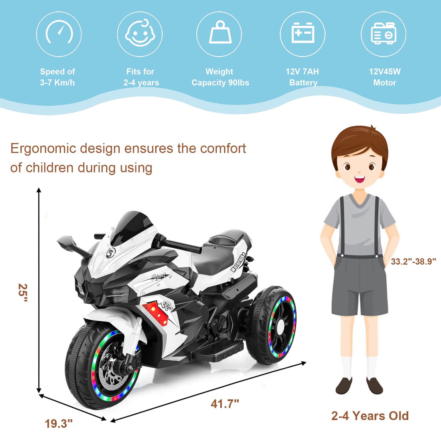 Cheelom Battery Powered Electric Vehicle for Kids, 12V Kids Motorcycle with 3 Wheels, LED Lights, White
