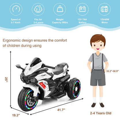 Cheelom Battery Powered Electric Vehicle for Kids, 12V Kids Motorcycle with 3 Wheels, LED Lights, White