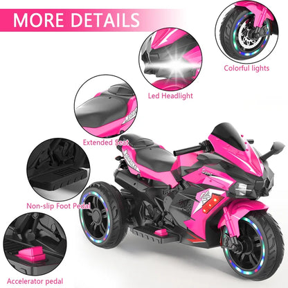 HNH 12V Ride on Motorcycle for Kids, Battery Powered 3 Wheels Motorcycle Toy with Bluetooth, Music, Light