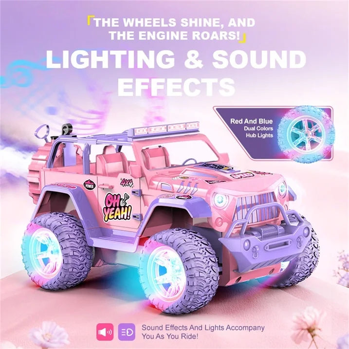 HNH 1:16 Remote Control Car for Kids, Pink Monster Truck with DIY Sticker, Colorful Wheel Light, Spray, Off Road Trucks for Girl Age 4-12 Birthday Gift