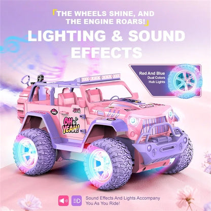 HNH 1:16 Remote Control Car for Kids, Pink Monster Truck with DIY Sticker, Colorful Wheel Light, Spray, Off Road Trucks for Girl Age 4-12 Birthday Gift