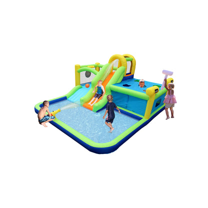 7 in1 Inflatable slide water park bouncing house outdoor garden bouncer with Whack a mole games & Splash pool & Target games & Water gun & Climbing wall & Basketball