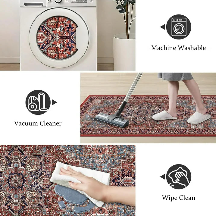 TECHVIDA Kitchen Rugs 3 Piece Set,Non Slip Machine Washable Kitchen Mats,Boho Vintage Abstract Kitchen Carpet for Farmhouse Living Room Hallway