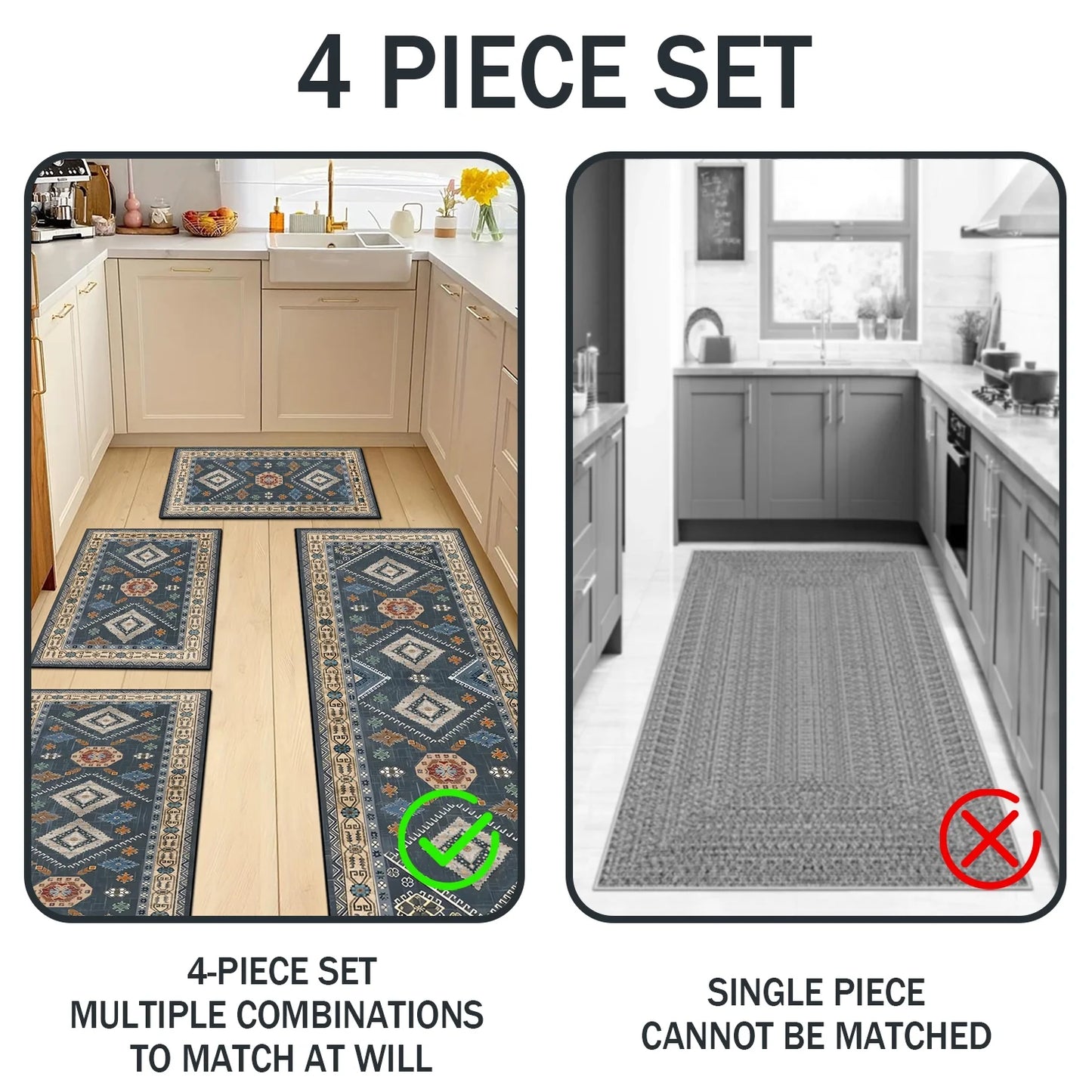 TECHVIDA Kitchen Rugs Sets 4 Piece with Runner Non Slip Kitchen Rugs and Mats Washable Kitchen Mats for Floor Thick Kitchen Floor Mat Carpet Runner Rugs for Hallway Laundry Holiday Decor