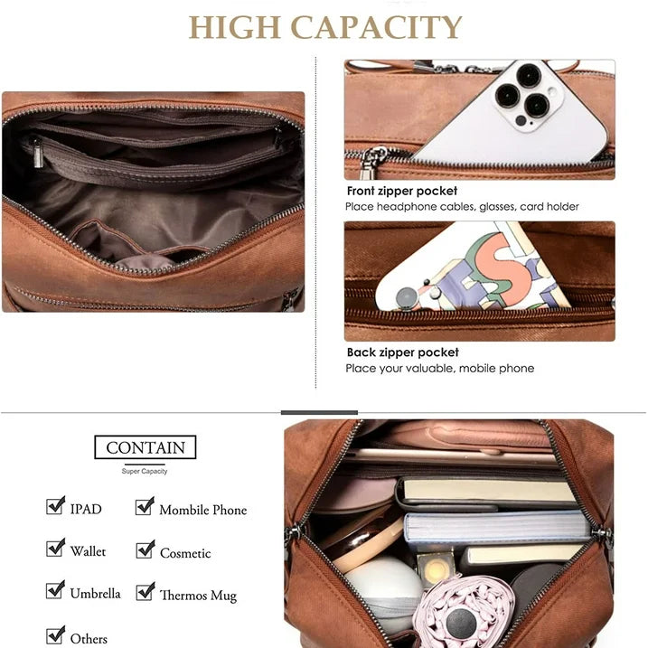 HONGLONG Backpack Purse for Womens, Waterproof PU Leather Backpacks Handbags, Ladies Casual Shoulder Bags Brown