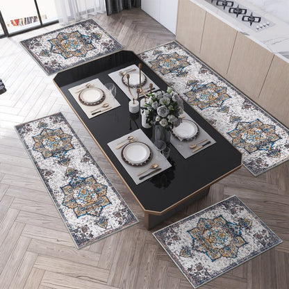TECHVIDA Kitchen Rugs 4 Piece Set,Non Slip Machine Washable Kitchen Mats,Boho Vintage Abstract Kitchen Carpet for Farmhouse Living Room Hallway