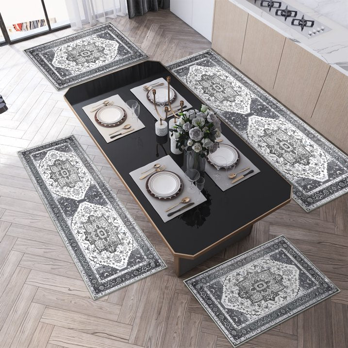 TECHVIDA Kitchen Rugs 4 Piece Set,Non Slip Machine Washable Kitchen Mats,Boho Vintage Abstract Kitchen Carpet for Farmhouse Living Room Hallway