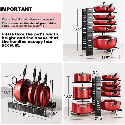 Techvida Pot Rack Organizer, 8-Tier Kitchen Pot and Pan Organizer with 4 Hooks, Adjustable Pot Organizer for Cabinet,Pot Pan Rack under Sink Organizers and Storage