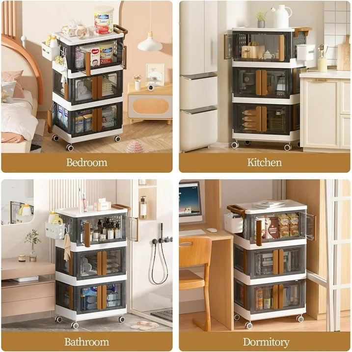 WERSEON Collapsible Storage Bins w/ Lids,3 Tier Plastic Storage Box w/ Doors & Lockable Wheels, 4 Directions Opening Storage Cart on Wheels w/ Handle & 4 Hooks, Large Utility Cart for Kitchen Bathroom
