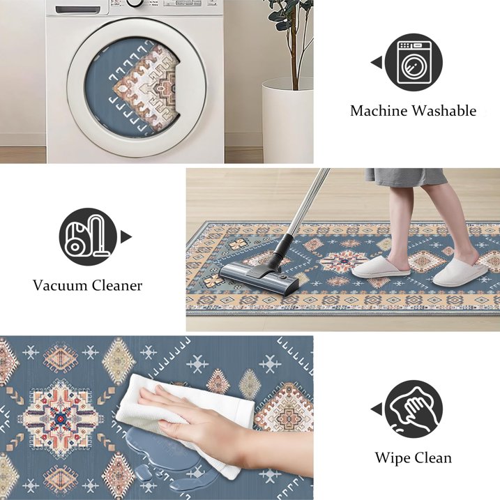 TECHVIDA Kitchen Rugs 4 Piece Set,Non Slip Machine Washable Kitchen Mats,Boho Vintage Abstract Kitchen Carpet for Farmhouse Living Room Hallway