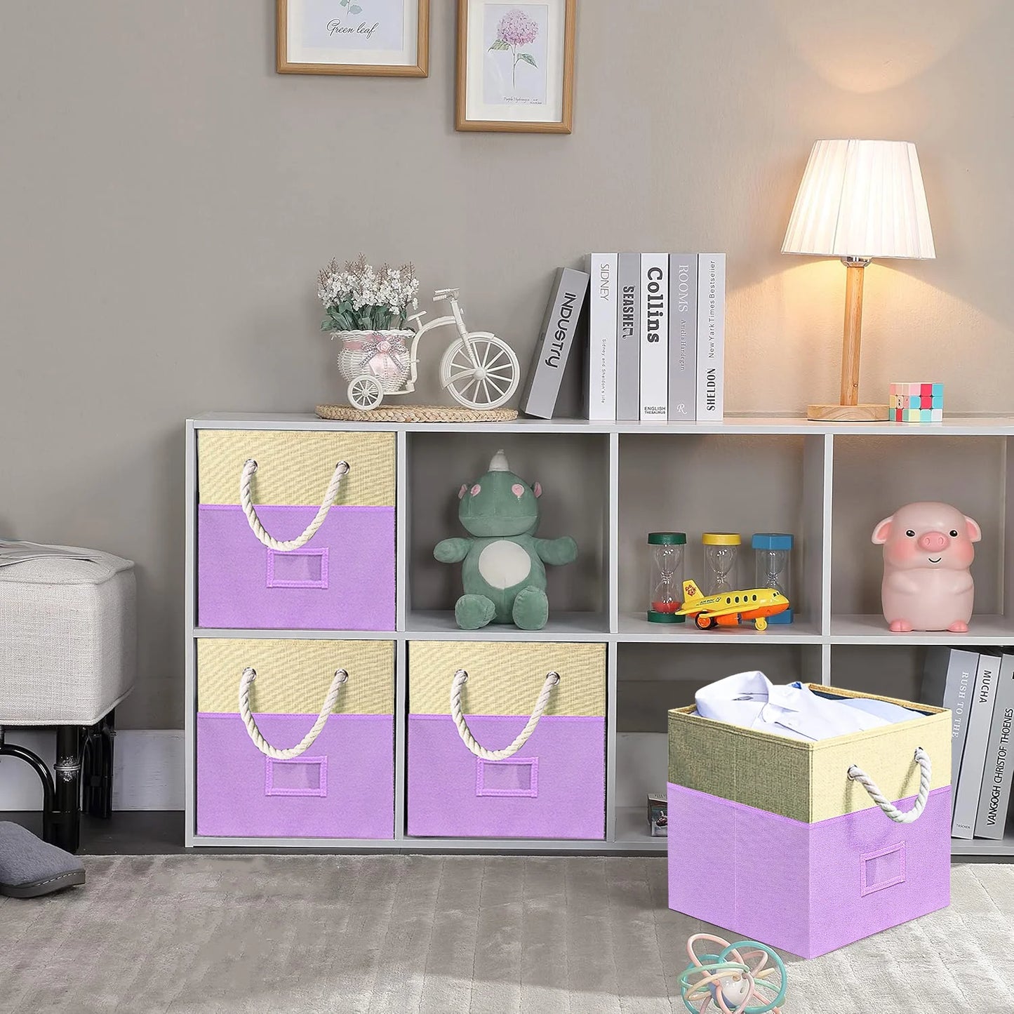 Werseon Fabric Storage Cubes Bin, 4 Pack Storage Bins Organizer for Closet, 12" Storage Boxes w/ Rope Handles for Home Kids Room Closet