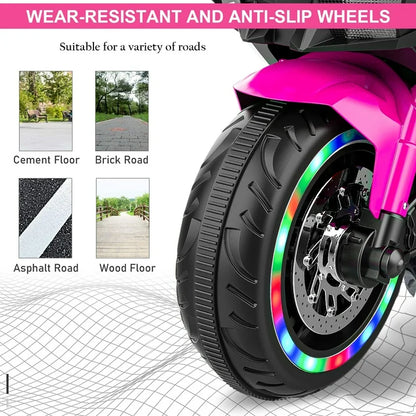 Zogymoz 12V Ride on Motorcycle for Kids, Pink Electric Dirt Bike with LED Light, Bluetooth Music, Motorbike Ride on Toy