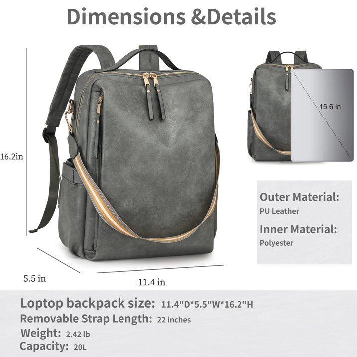 HONGLONG Laptop Backpack for Women, Leather Backpack Purse Convertible Backpack Purse Ladies Large Travel Bag Shoulder Bag Gray