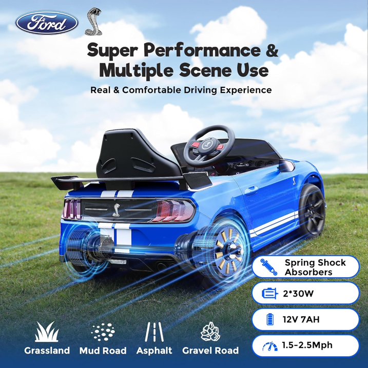 Ride on Toy Cars for Kids,12V Ford Mustang Shelby Powered Ride on Truck Car with Remote Control,Electric Vehicle Car for kids Girl Boy 3-6 w/Music,Bluetooth,LED Lights,3 Speeds,4 Wheelers,Blue