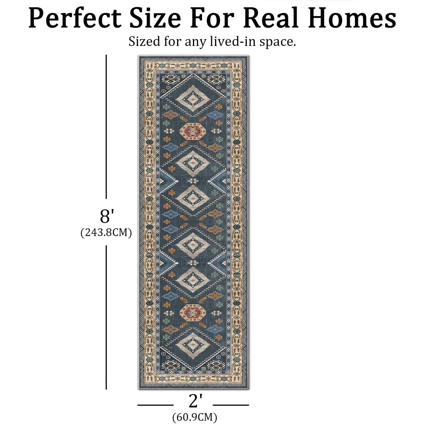 TECHVIDA 2'x8' Hallway Runner Rug Boho,Non Slip Machine Washable Rugs for Hallway Kitchen,Dark Blue