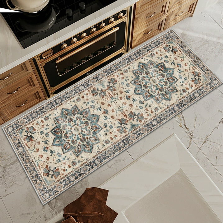 TECHVIDA Kitchen Rugs 3 Piece Set,Non Slip Machine Washable Kitchen Mats,Boho Vintage Abstract Kitchen Carpet for Farmhouse Living Room Hallway