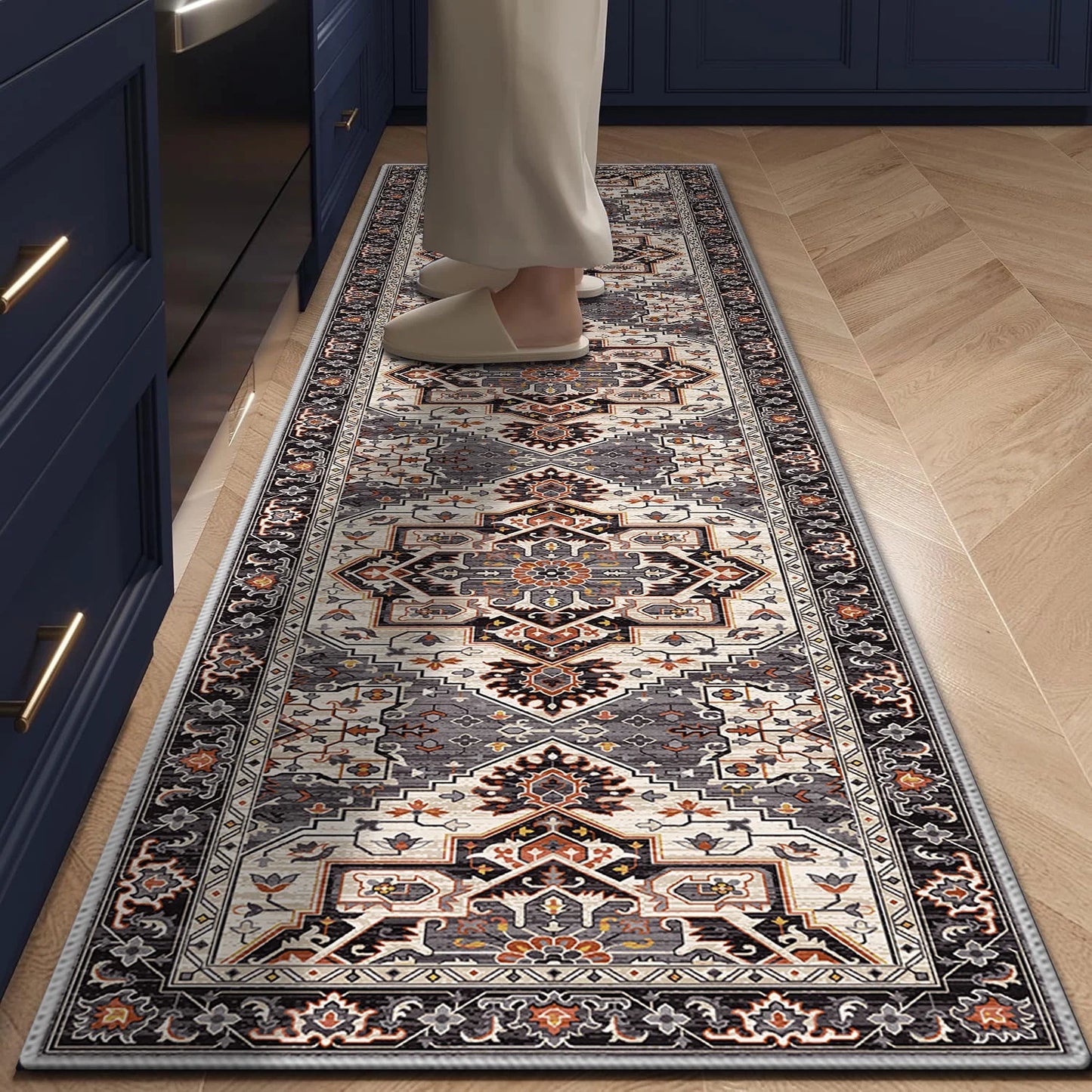 TECHVIDA 2'x8' Hallway Runner Rug Boho,Non Slip Machine Washable Rugs for Hallway Kitchen,Brownish Black
