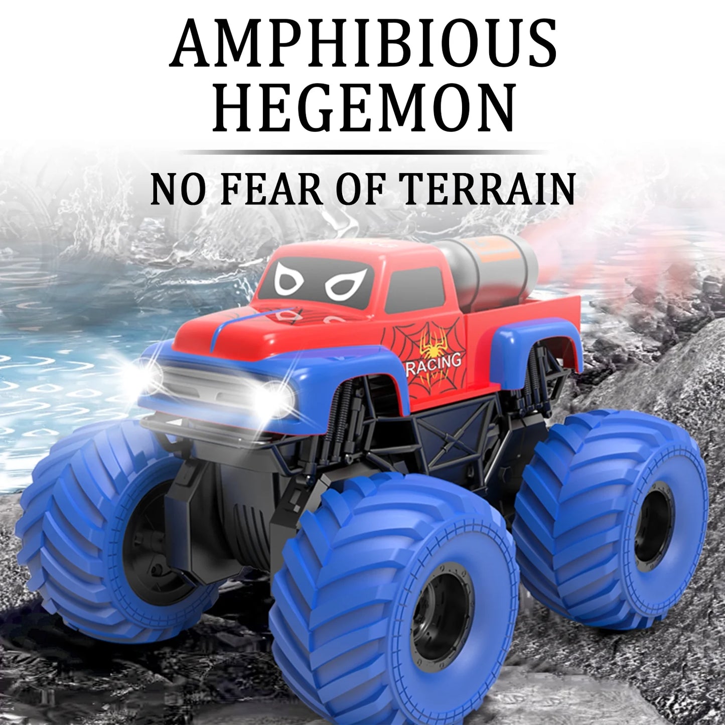 ZOGYMOZ Amphibious Remote Control Car, 1:16 All Terrain Off-Road Waterproof Monster Truck with Spray and LED Lights, 2 Rechargable Batteries, Kids Toys for Boys