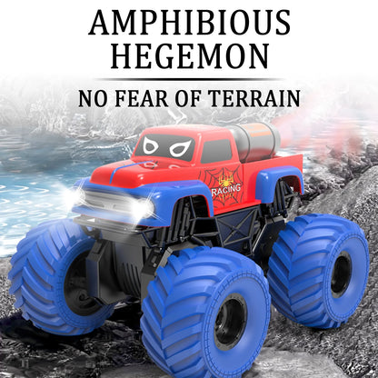 ZOGYMOZ Amphibious Remote Control Car, 1:16 All Terrain Off-Road Waterproof Monster Truck with Spray and LED Lights, 2 Rechargable Batteries, Kids Toys for Boys
