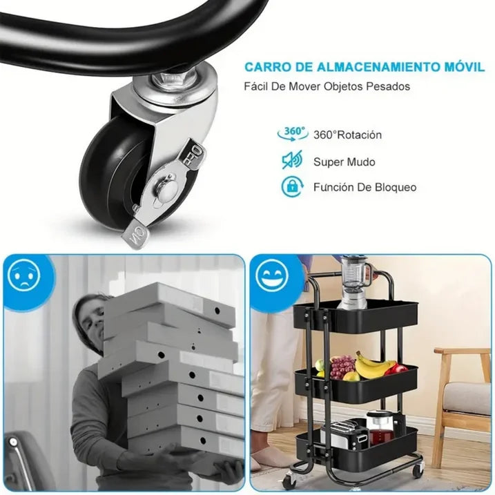 Cheelom 3-Layer Small Trolley Storage Rack, Floor-Standing, Kitchen Bathroom Bedroom Bedside Rack, Black