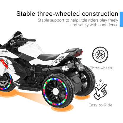HONGLONG Ride on Toys 12V 3 Wheels Battery Powered Ride on Motorcycle with LED Lights Music for Kids, White
