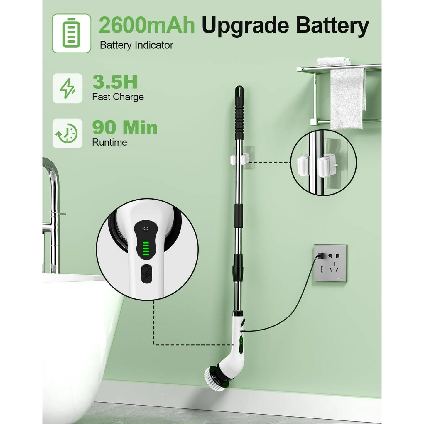 TECHVIDA Electric Spin Scrubber, Cordless Cleaning Brush, Shower Cleaning Brush with 9 Brush Heads 2H Power Dual Speed, Adjustable Extension Handle, IPX7 Waterproof for Tub Tile Floor Car, White