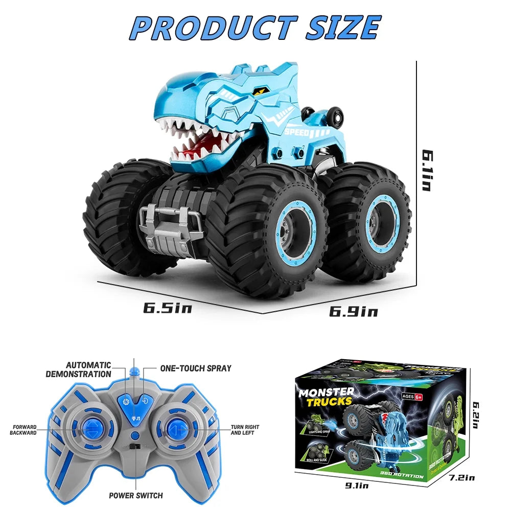ZOGYMOZ Dinosaur Rc Cars, Remote Control Dinosaur Toys for 3-10 Year Old Boys Girls,1:16 Monster Truck RC Cars Toys with Spray,Roar Sound & Lights,Blue
