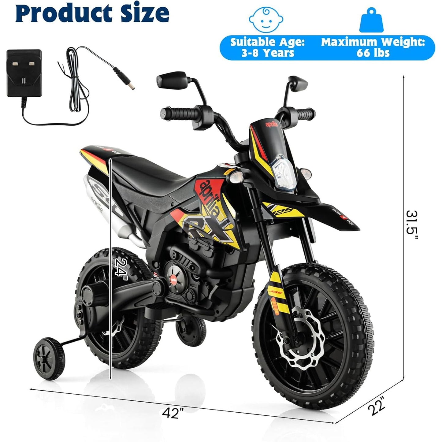 HNH 12V Electric Kid Dirt Bike for Boys, Battery Powered Motorcycle for Kids, Off Road Motorbike Toy 4Mph-Yellow
