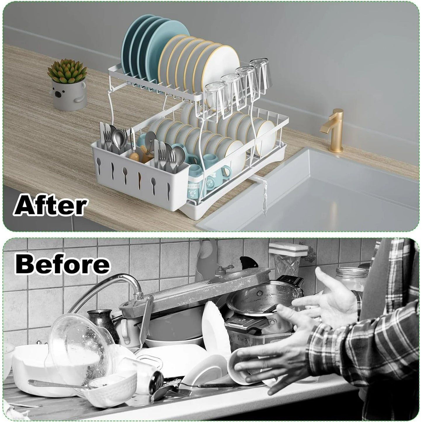WERSEON White Dish Racks for Counter, Stainless Steel Dish Drying Rack with Drip Tray & Utensil Holder, Kitchen Drying Rack for Dishes