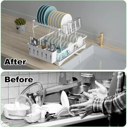 WERSEON White Dish Racks for Counter, Stainless Steel Dish Drying Rack with Drip Tray & Utensil Holder, Kitchen Drying Rack for Dishes