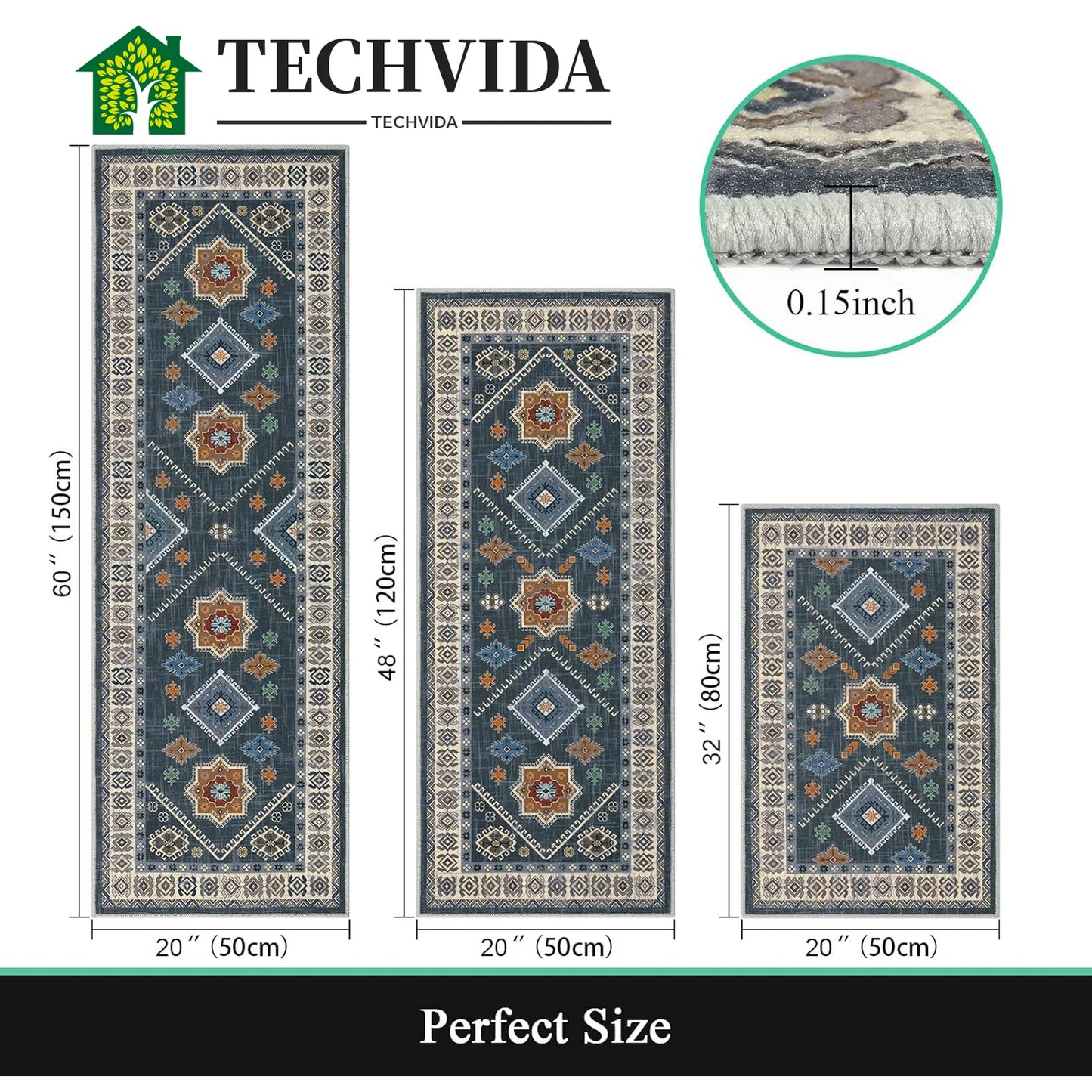 TECHVIDA Boho Kitchen Rug Sets 3 Piece with Runner Non Slip Kitchen Rugs and Mats Washable Kitchen Mats for Floor Thick Kitchen Floor Mat Carpet Runner Rugs for Hallway Laundry Holiday Decor