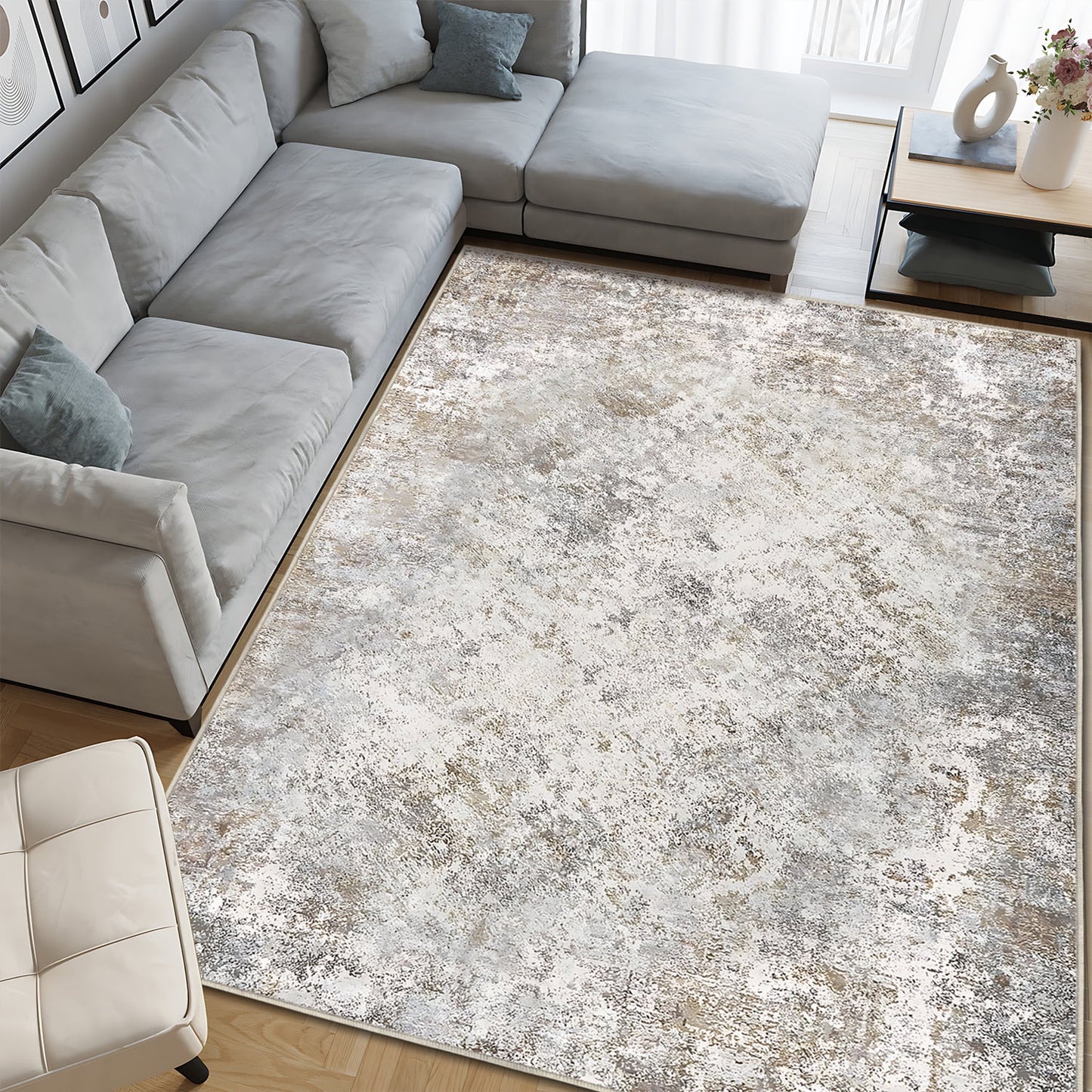 TECHVIDA Modern Area Rug 5x7,Machine Washable Rugs for Living Room,Indoor Carpet Foldable Nonslip,Bedroom Dining Room Office- Gray