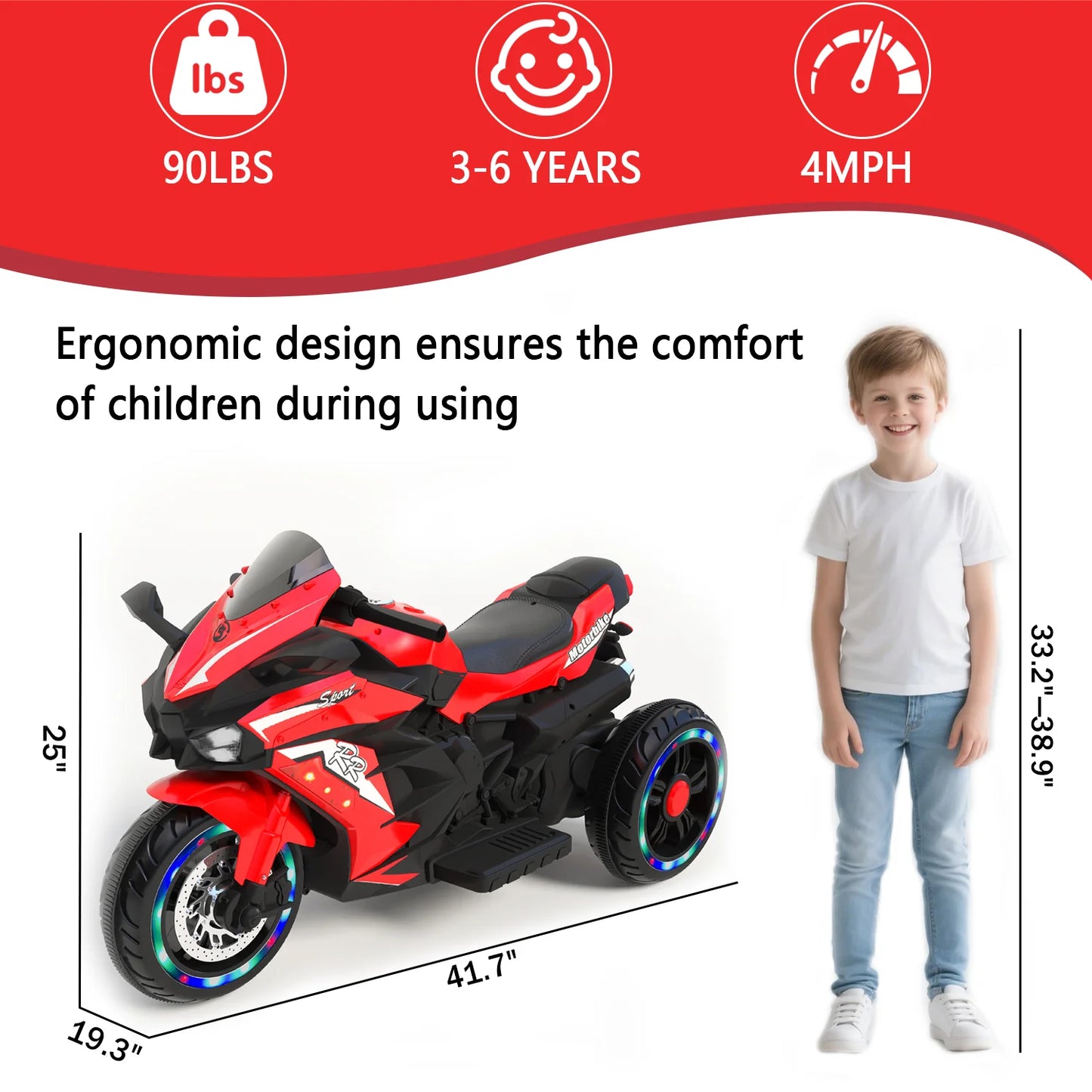 HNH 12V Kids Motorcycle, Electric Dirt Bike, 3 Wheel Powered Ride ons Toys with LED Lights, Bluetooth Music