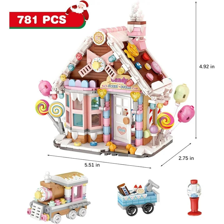 781Pcs Mini Candy House Building Blocks,Christmas Gingerbread House with Chocolate Truck, Ice Cream Locomotive, Xmas Display Toys Bricks Kits for Kids