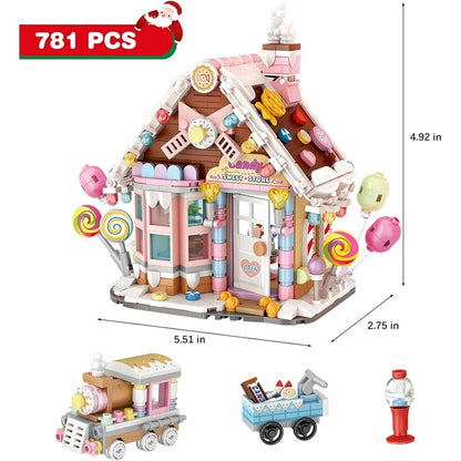 781Pcs Mini Candy House Building Blocks,Christmas Gingerbread House with Chocolate Truck, Ice Cream Locomotive, Xmas Display Toys Bricks Kits for Kids