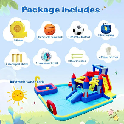 7 in 1 Inflatable Water Slide Kids Bounce House with Splash Pool & Water Gun & Basketball & Climbing Wall & Dual Pools & Soccer