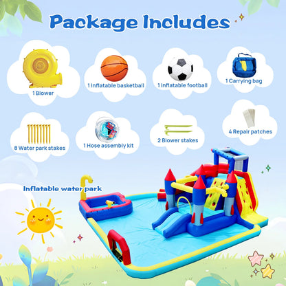 10 in 1 Inflatable Water Slide Kids Bounce House with Splash Pool & Water Gun & Basketball & Climbing Wall & Dual Pools & Soccer,650W Air Blower, 18.92x17.08FT