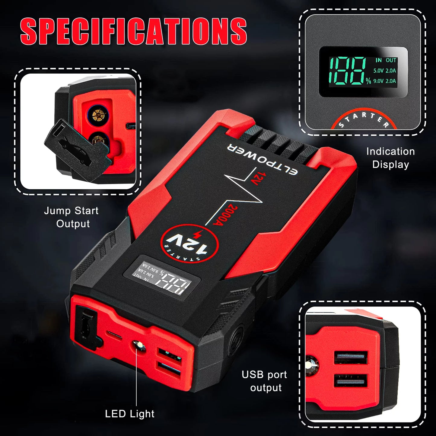 ELTPOWER 20000mAh Car Battery Jump Starter for Up to 9L Gas 7L Diesel, 2000A Peak Auto Car Jump Starter with LED and USB Quick Charge 3.0