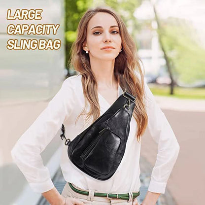 YOMYM Womens Sling Bags PU Leather Small Crossbody Sling Backpack Fashion Chest Bag Sling Bag for Women Travel