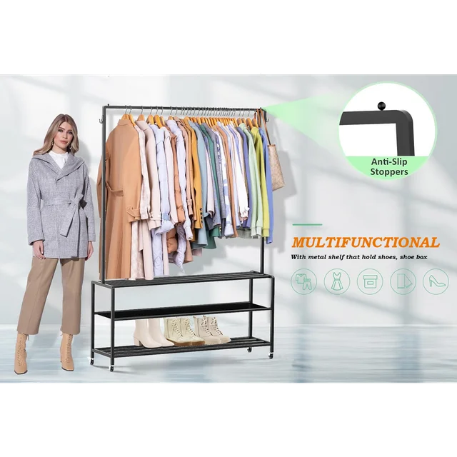 Techvida Clothes Rack Heavy Duty Clothing,Garment Rack Freestanding,Rods Garment Rack with Wheels,Multi-Functional Bedroom Clothes Rack,Black