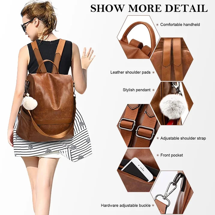HONGLONG Womens Casual Backpack Purse, PU Leather Anti-Theft Backpack for Women, Stylish Travel Shoulder Bag Brown