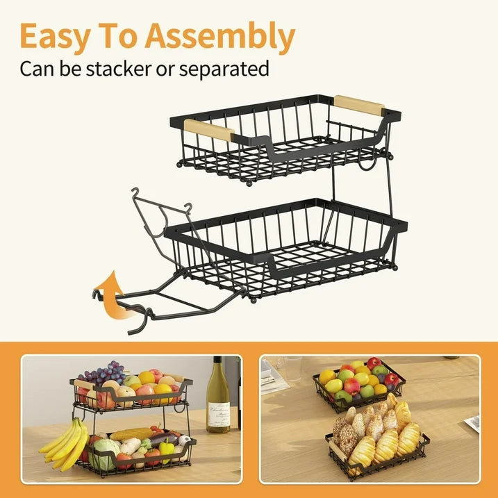 WERSEON 2 Tier Fruit Basket with Hooks for Kitchen Countertop, Detachable Metal Fruit Vegetable Storage Basket Stand Holder with Wooden Handle