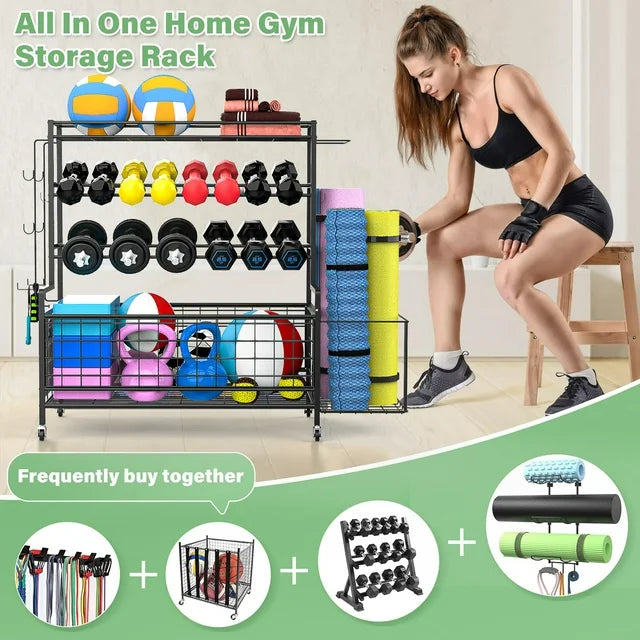 Techvida Dumbbell Rack, Balls Workout Equipment Storage Organizer Yoga Mat with Hooks and Wheels