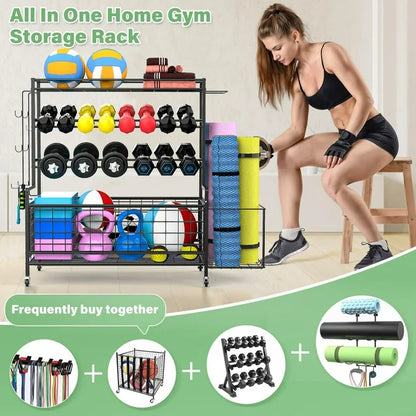 Techvida Dumbbell Rack, Balls Workout Equipment Storage Organizer Yoga Mat with Hooks and Wheels