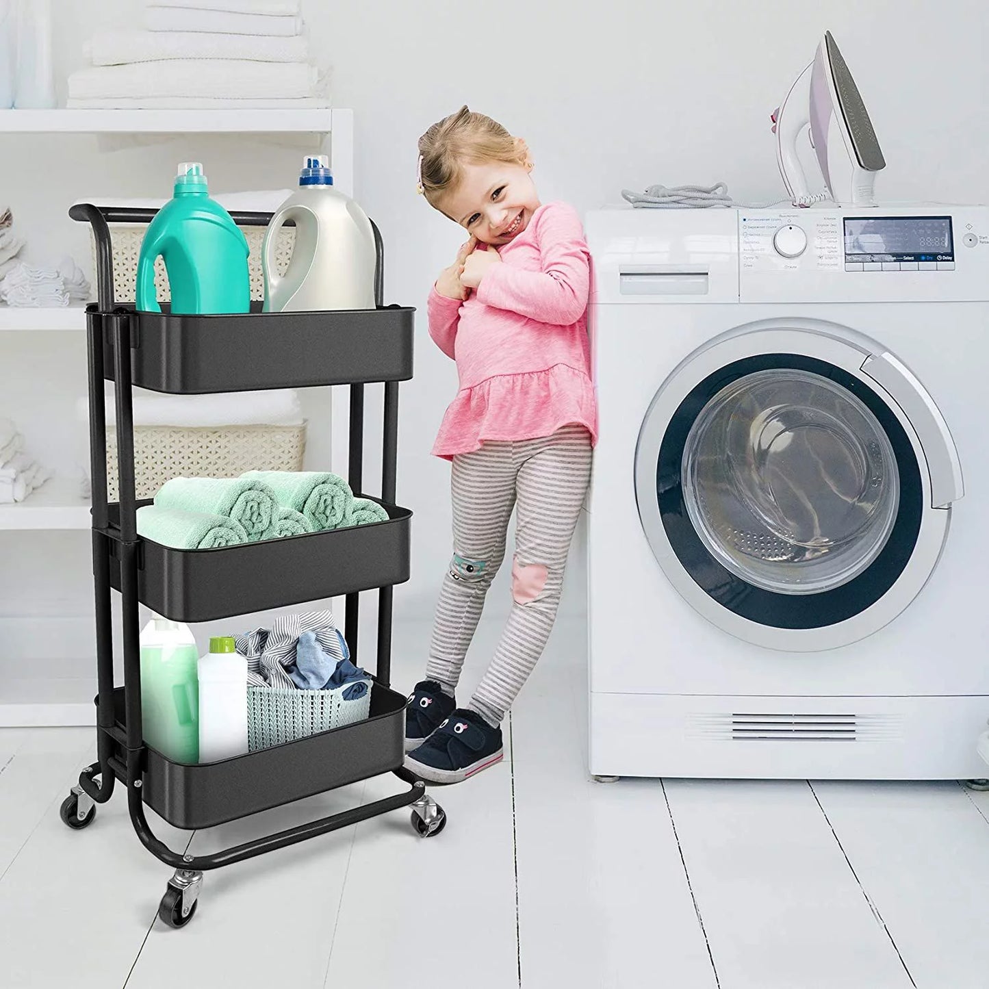 Werseon Rolling Carts with Wheels Organizer Kitchen Organizer Cart Rolling Cart with Handle, Kitchen Storage Cabinet with Baskets and Wheels