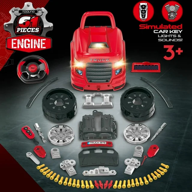 Werseon Kids Truck Toy Set for 2-6 Years Old, 61 Pieces Educational Car Service Station Playset, Engine Disassembly Play Workshop, Red