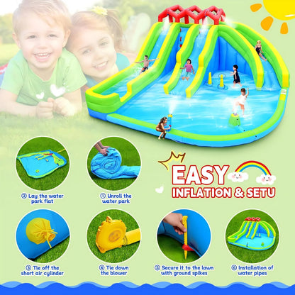 HNH Inflatable Water Three Slides Park, 7 in 1 Bounce House with Water Gun Sprinkler Fountain Climbing Wall, Jumping Castle with Air Blower