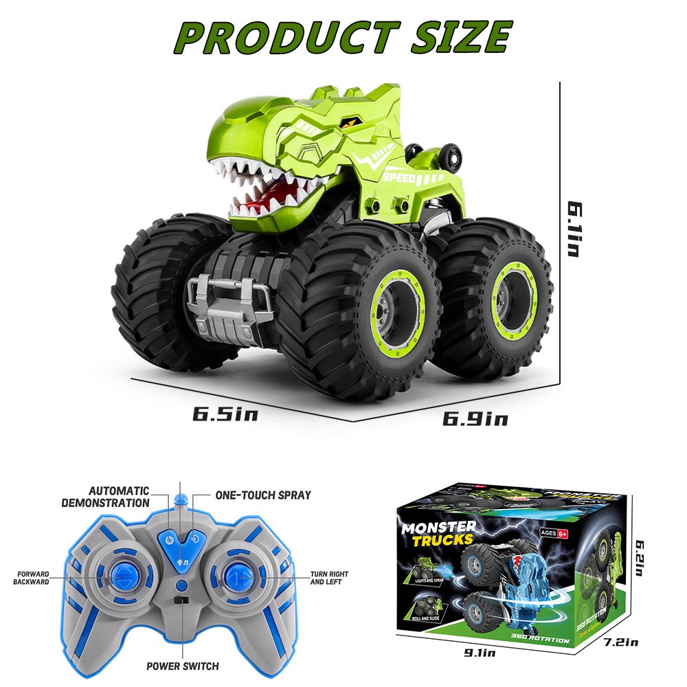 Dinosaur Toys for Kids, Dinosaur Remote Control Cars, 1:16 RC Cars Scale Monster Truck Toys with Spray, Roar Sound & Lights, Dinosaur Toys for 3+ Year Old Boys Girls, Toys Cars